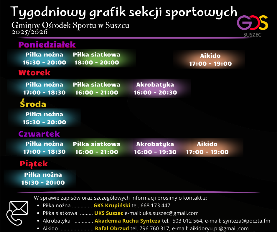Tygodniowy grafik sekcji sportowych
